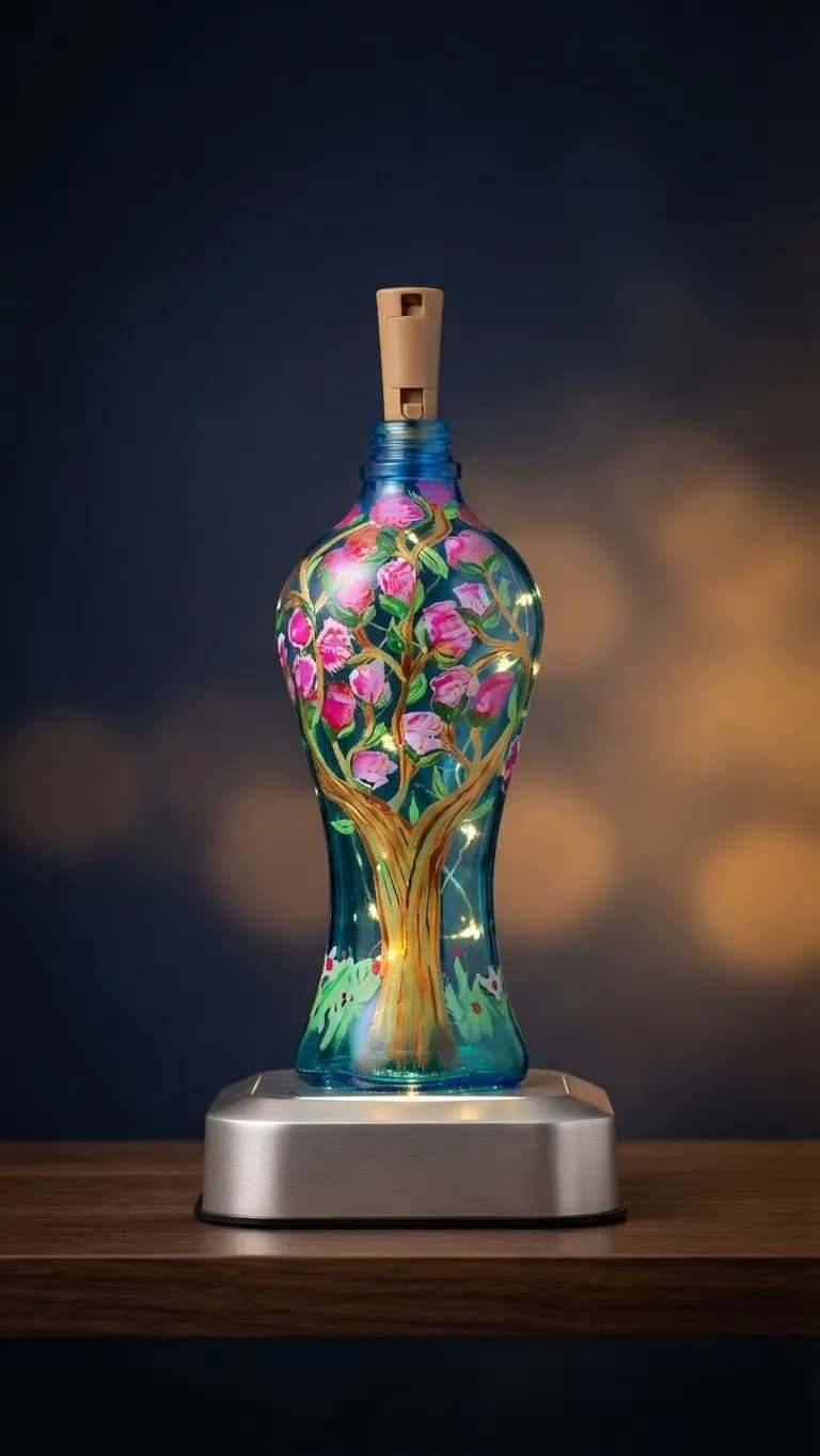 Handpainted Pink Floral Tree LED Glass Bottle Lamp — Savageon Bangladesh