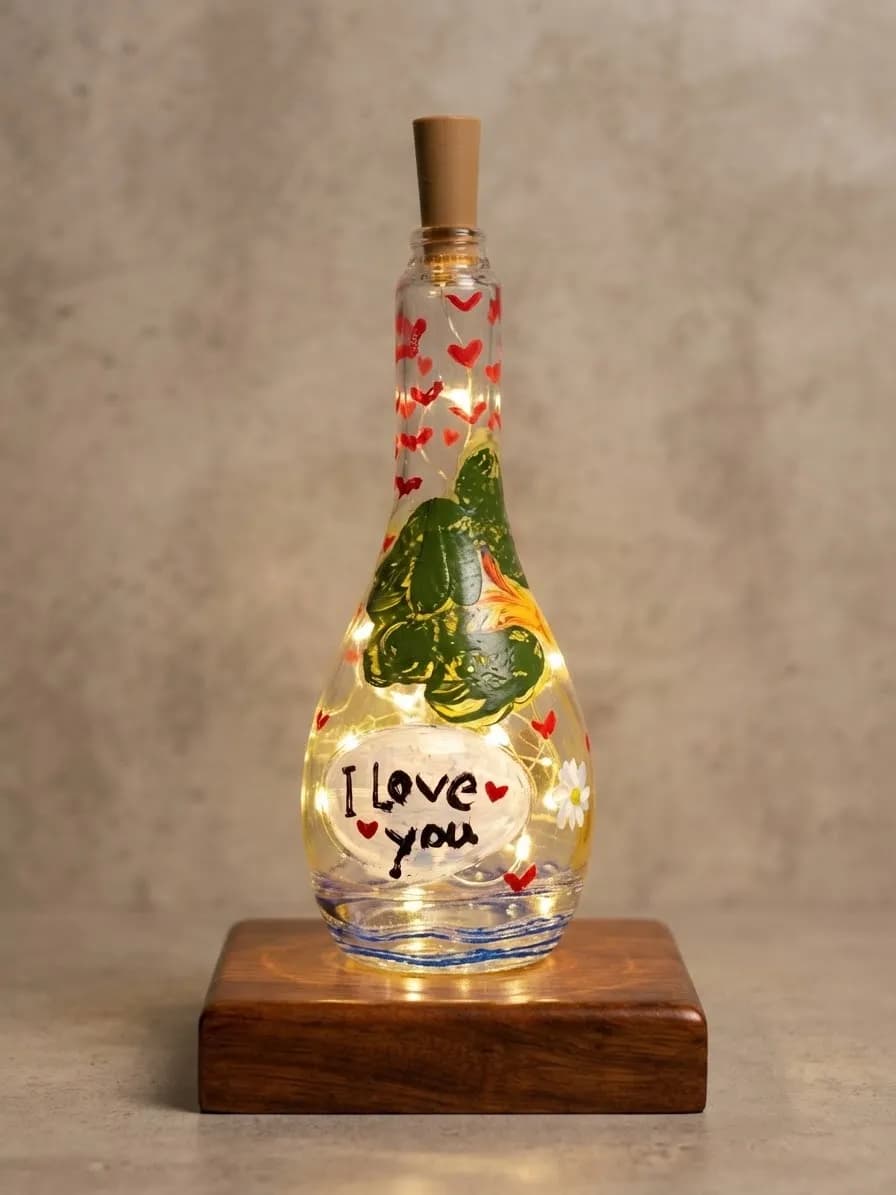Handpainted Romantic Couple "I Love You" LED Glass Bottle Lamp with fairy lights Home Decor — back view