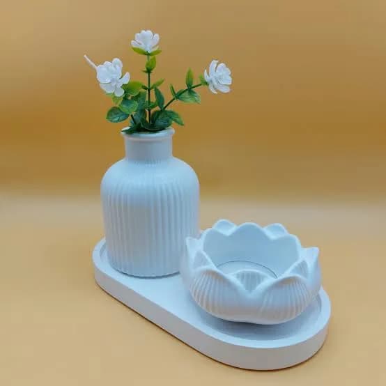 Gypsum Vase, Lotus Candle Holder & Tray Decor Set , showpiece Home Decor — fabric close-up