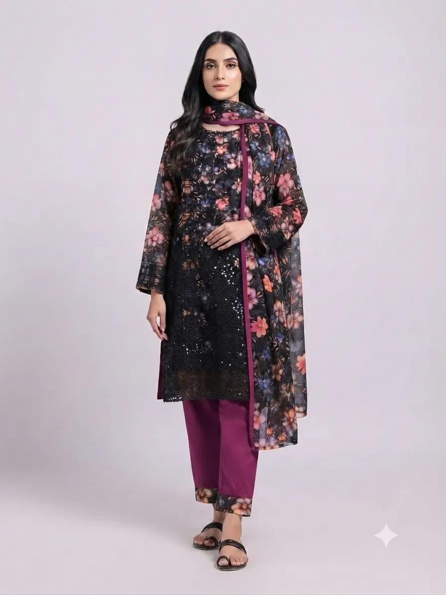 Digital Green Floral Georgette Unstitched 3-Piece Suit 3 Piece — detail shot