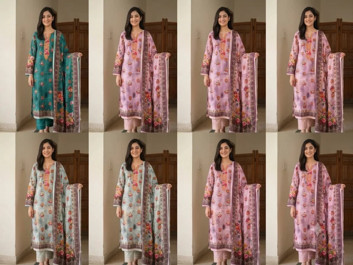Pakistani Inspired Floral Printed Cotton mix Blend Unstitched 3-Piece Dress Women — back view