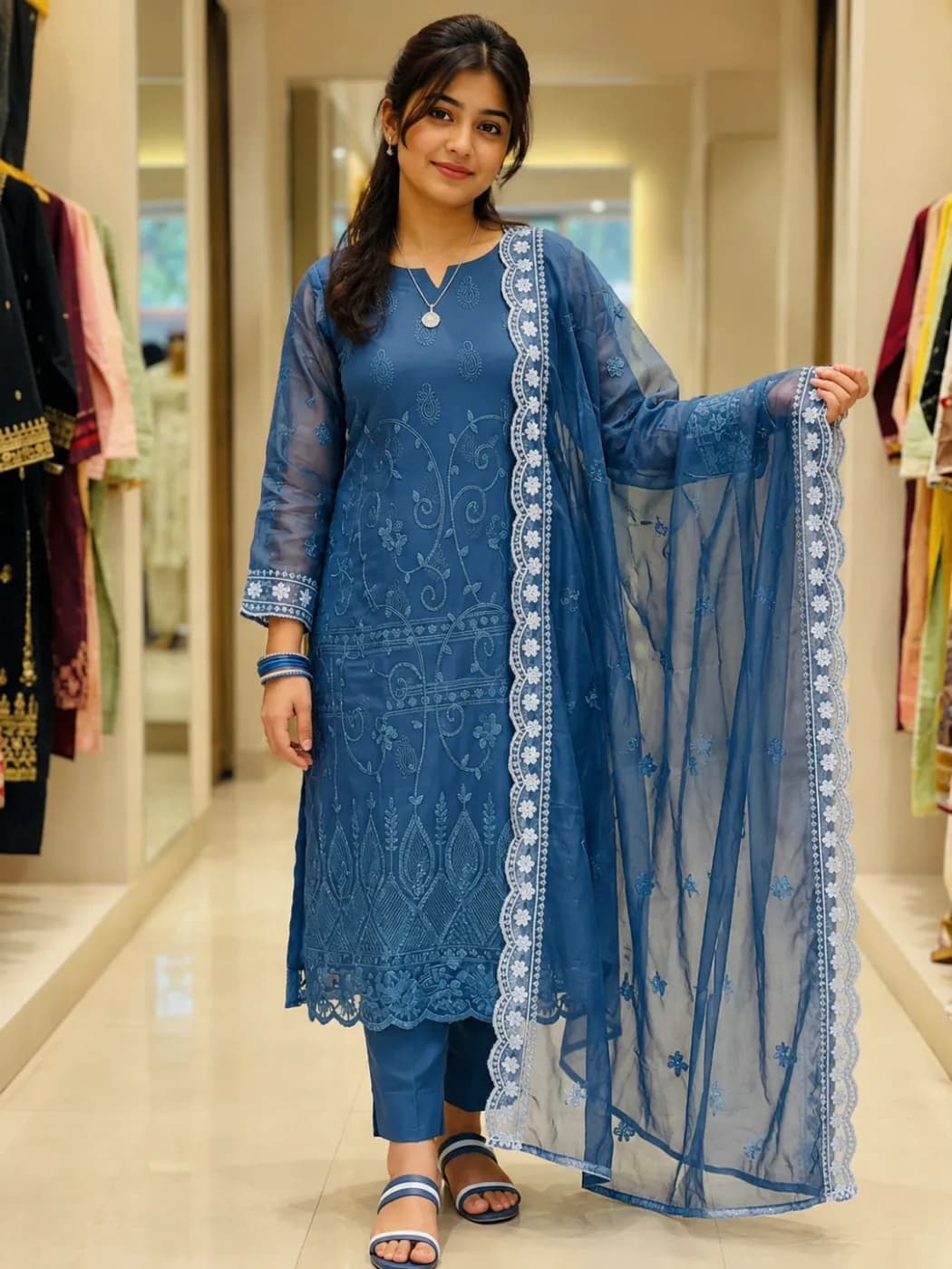 Pakistani Inspired Embroidered Organza 4-Piece Dress (Unstitched) Women — side view