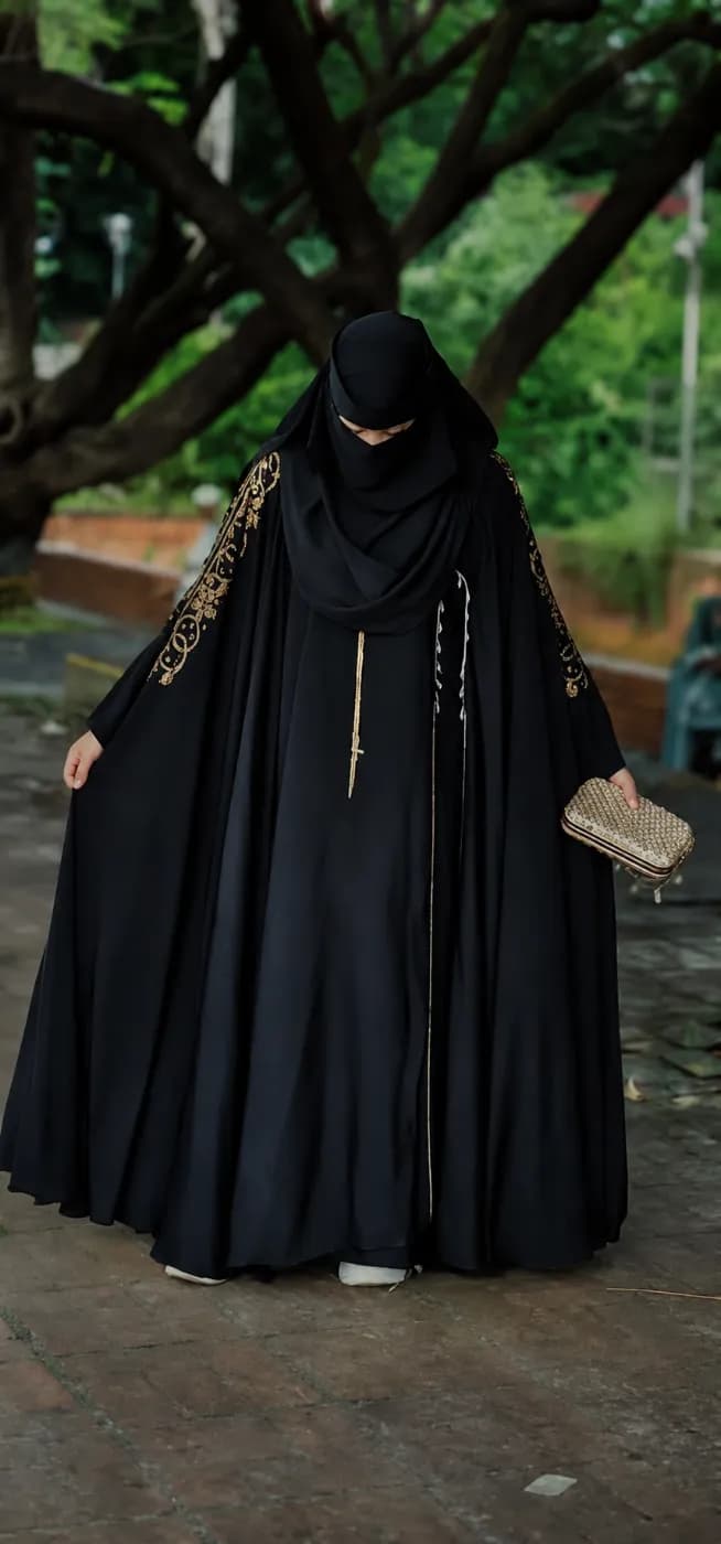 Dubai Imported Premium Arabian Cherry Fabric 3-Piece Koti Abaya Set (Inner, Koti & Hijab) 3 Piece — back view