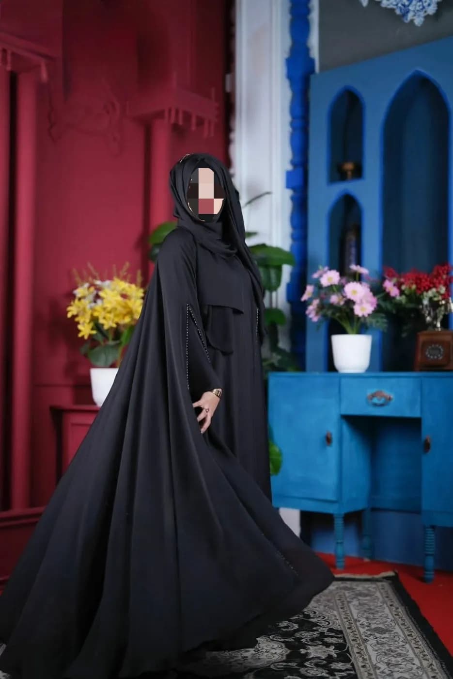 Dubai Imported Cherry Fabric All-Over Stone Work Koti Abaya Set Borkha — detail shot