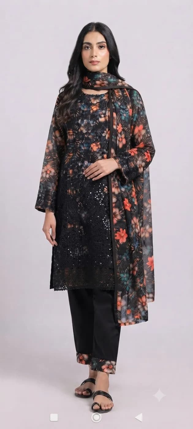 Digital Green Floral Georgette Unstitched 3-Piece Suit 3 Piece — back view