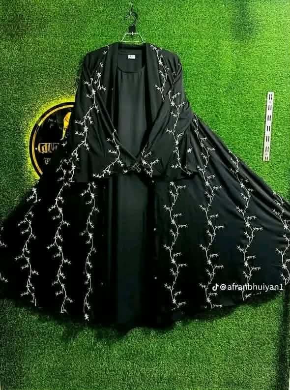 Dubai Imported Premium Cherry Fabric Vine-Embroidered 3-Piece Abaya Set (Inner, Koti & Hijab) 3 Piece — back view