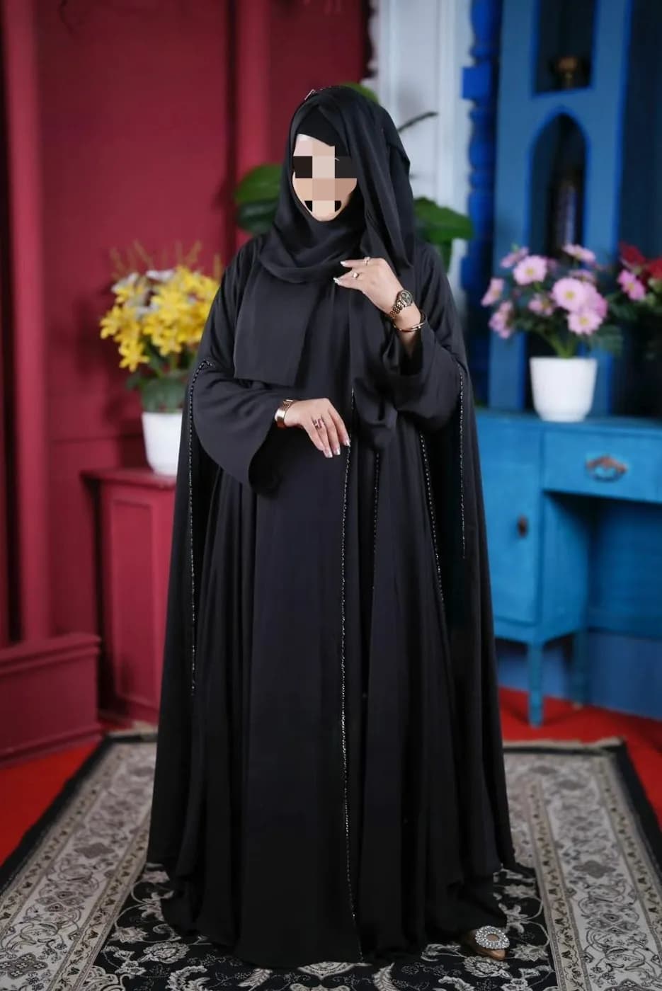 Dubai Imported Cherry Fabric All-Over Stone Work Koti Abaya Set Borkha — back view