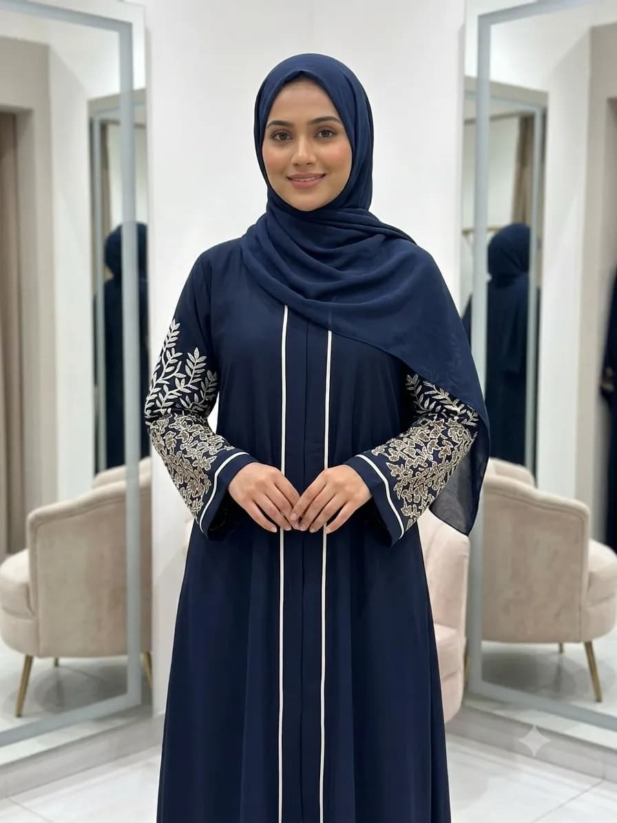 Dubai Imported Premium Jafran Fabric One-Piece Closed Abaya Set with Embroidered Sleeves Borkha — back view