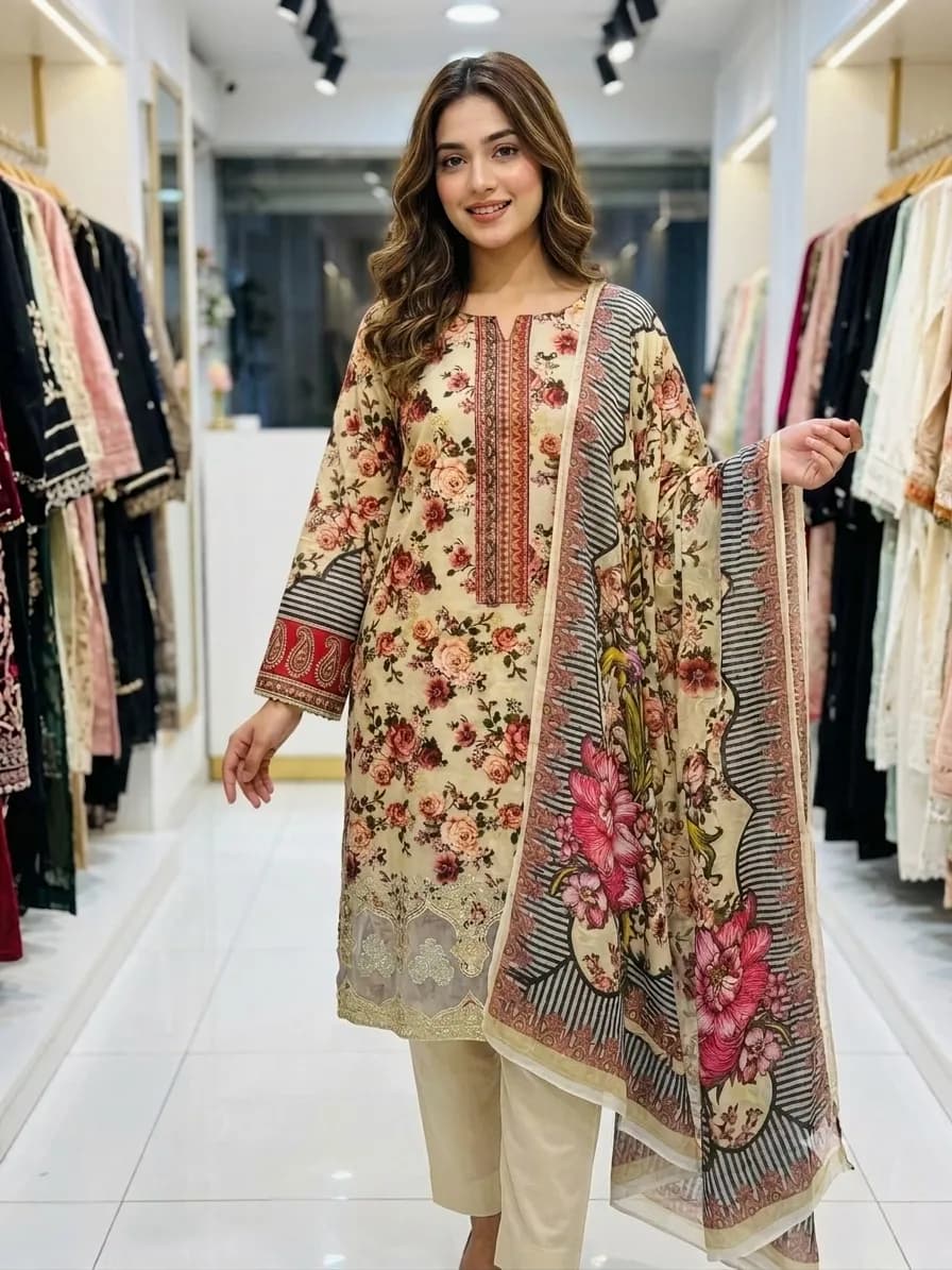 Pakistani Inspired Floral Print Sequins Embroidered 3-Piece Suite Set — Savageon Bangladesh