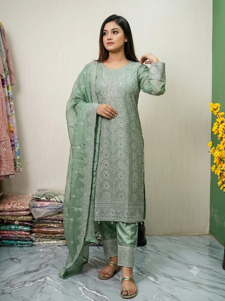 Pakistani Inspired Chikankari & Mirror Work 3-Piece Suite Set 3 Piece — back view