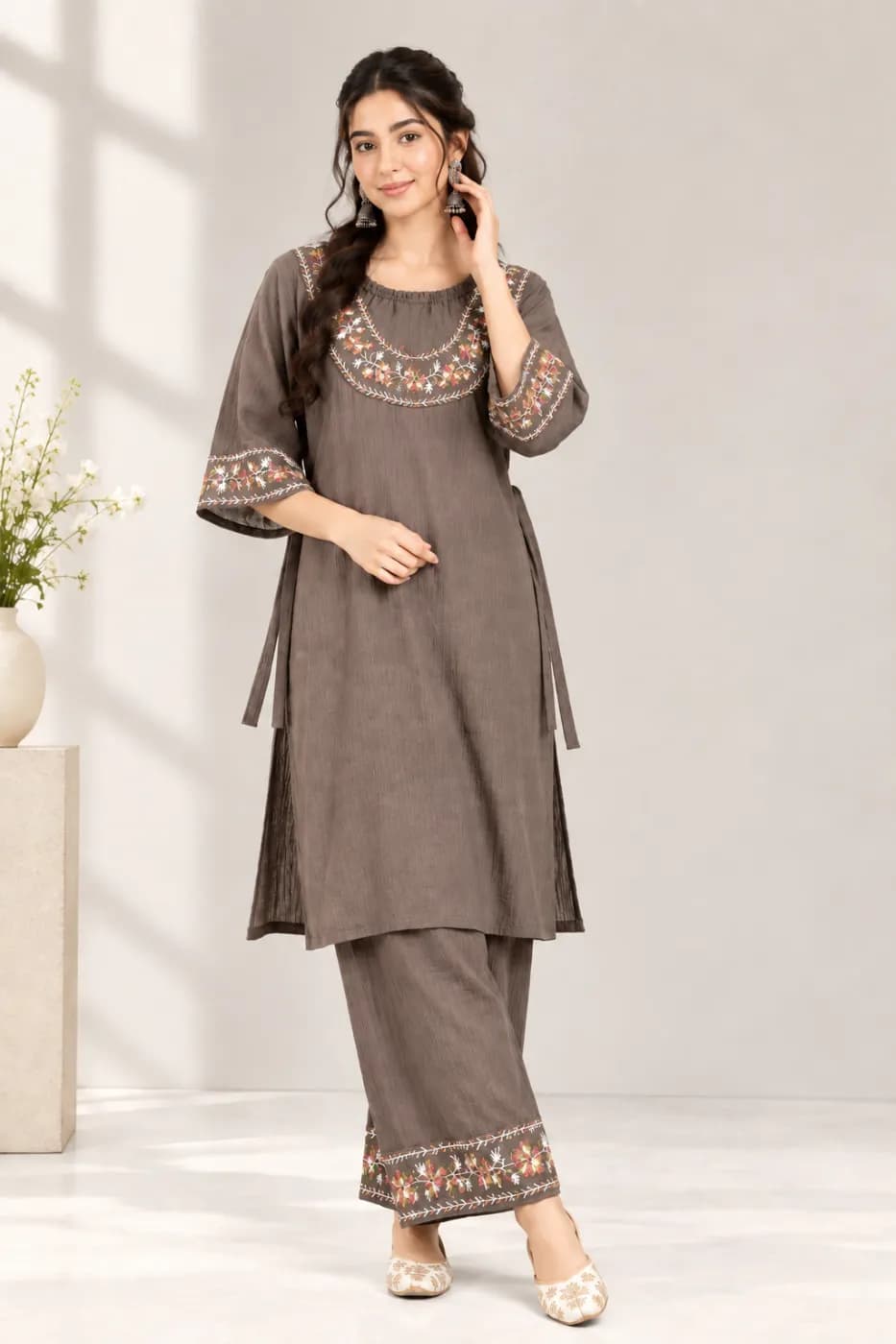 Premium Brown Embroidered 2 Piece Dress for Women — Savageon Bangladesh