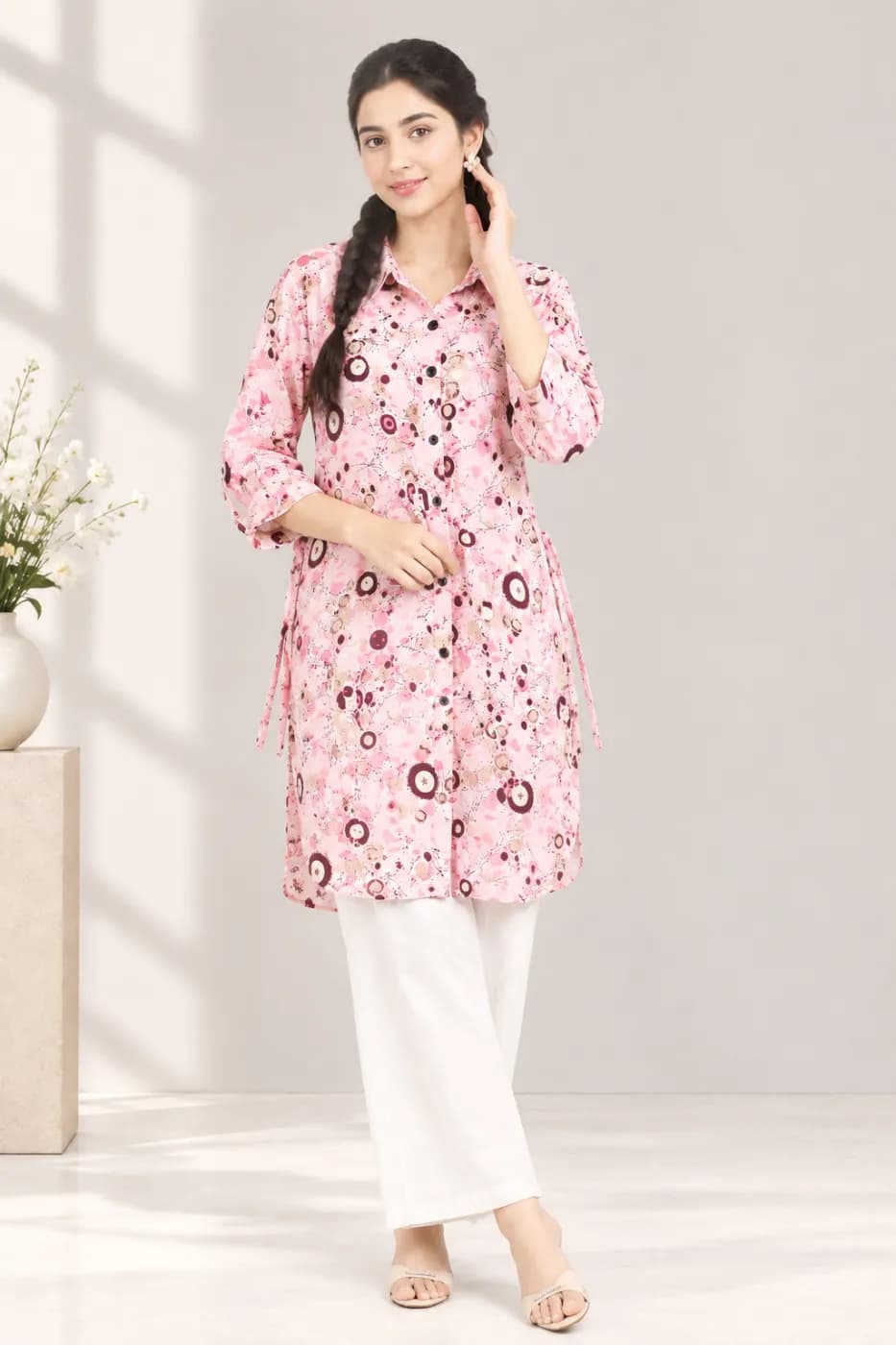 Premium Pink Printed Long Shirt for Women — detail shot