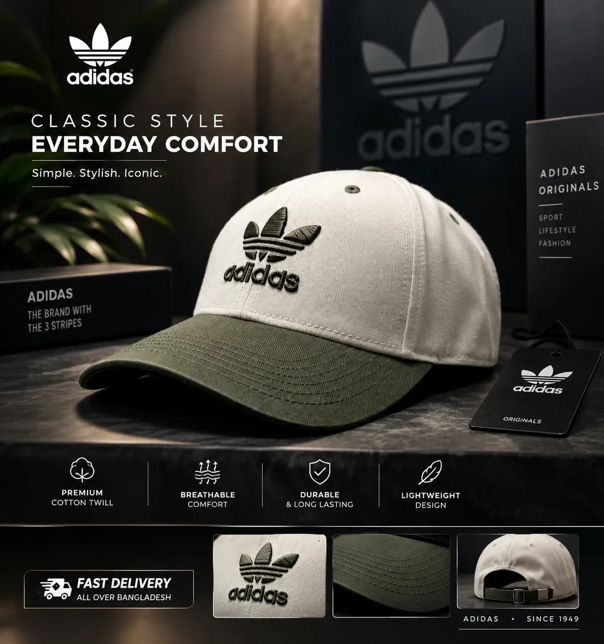 Adidas White & Olive 3-Stripe Cap — back view