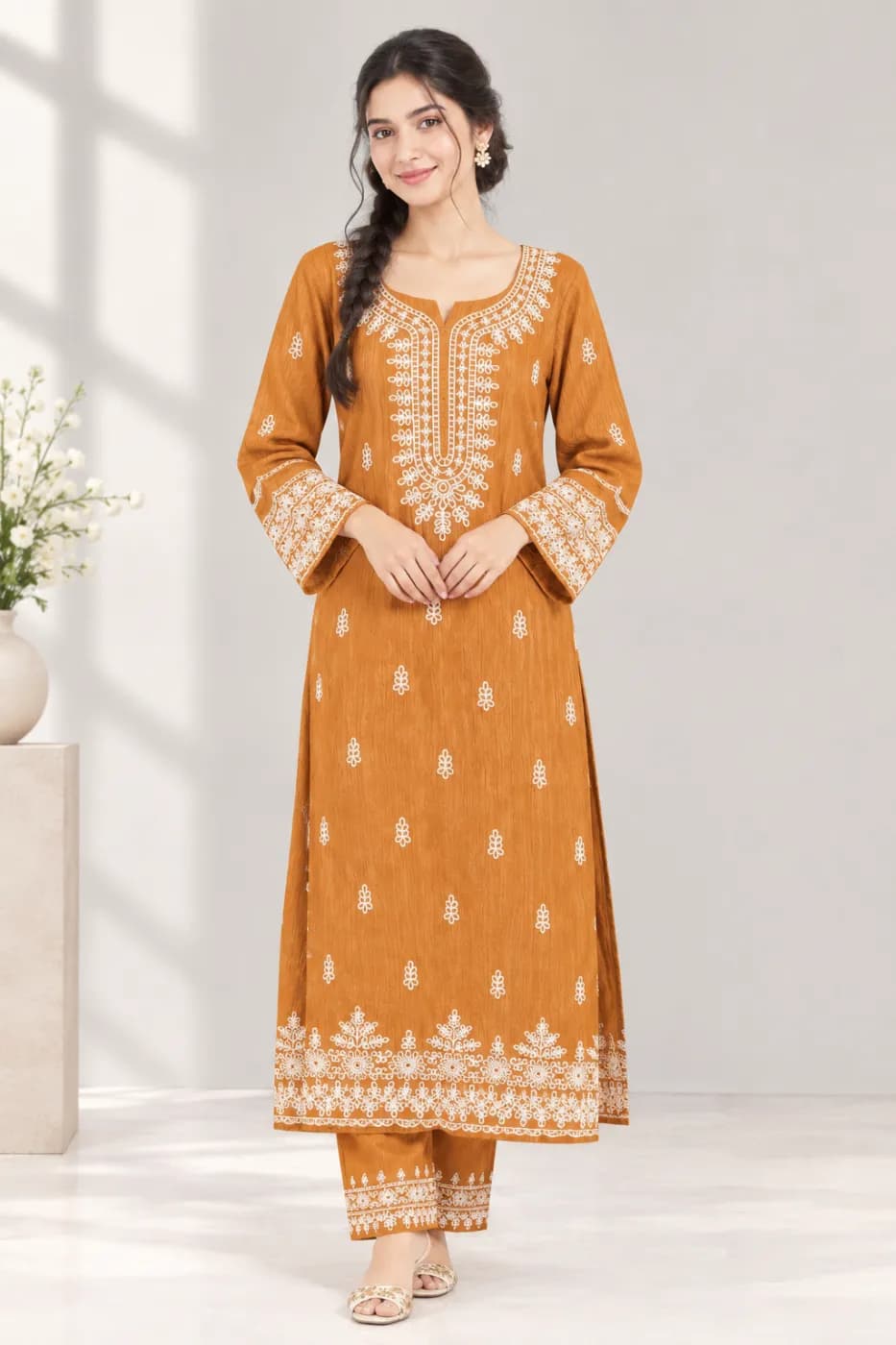 Premium Mustard Orange Embroidered 2 Piece Dress for Women — Savageon Bangladesh