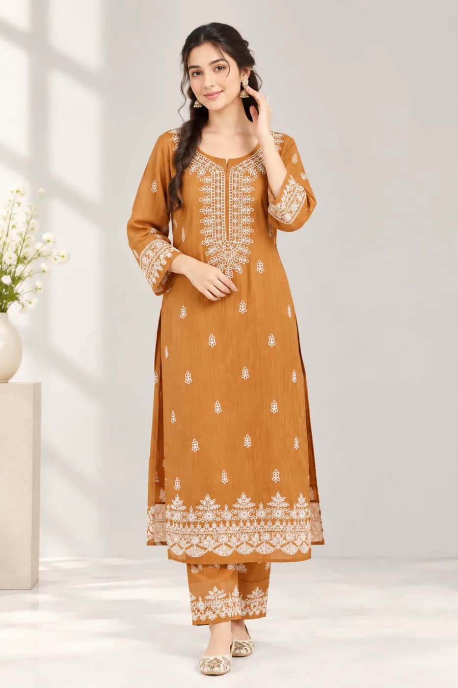 Premium Mustard Orange Embroidered 2 Piece Dress for Women — back view