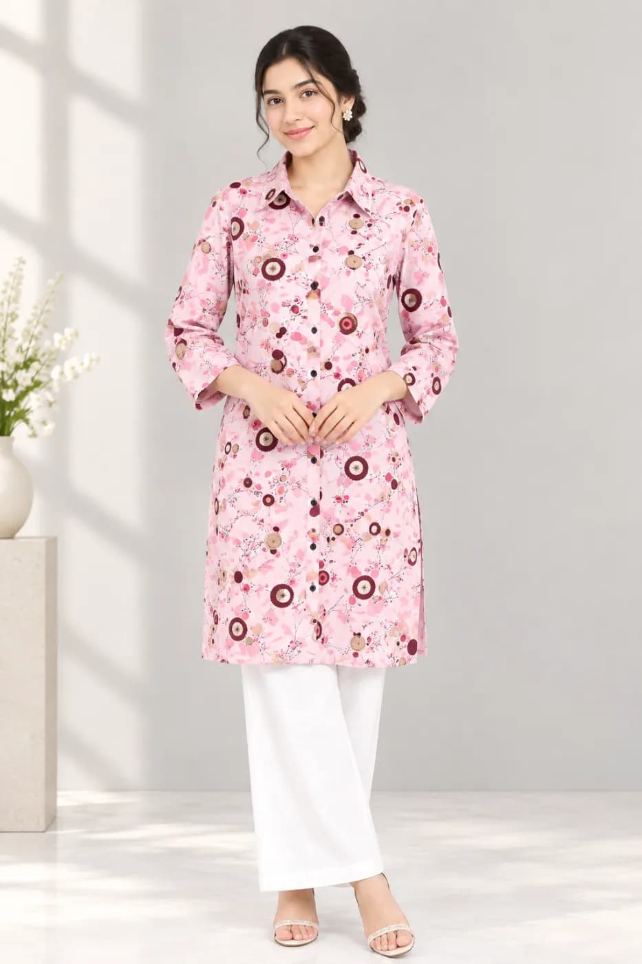 Premium Pink Printed Long Shirt for Women — Savageon Bangladesh