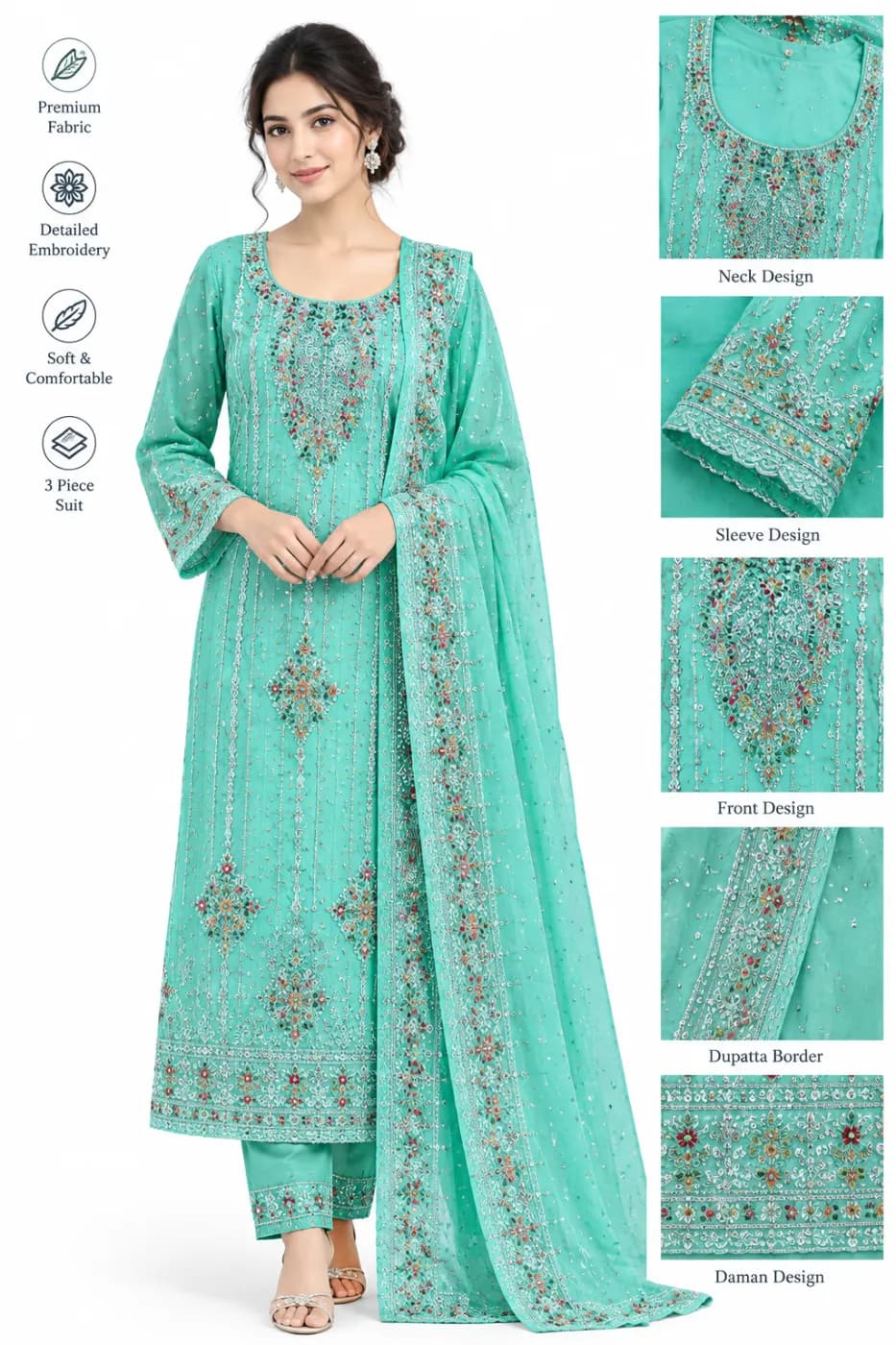 Premium Mint Green Embroidered 3 Piece Dress for Women — Savageon Bangladesh