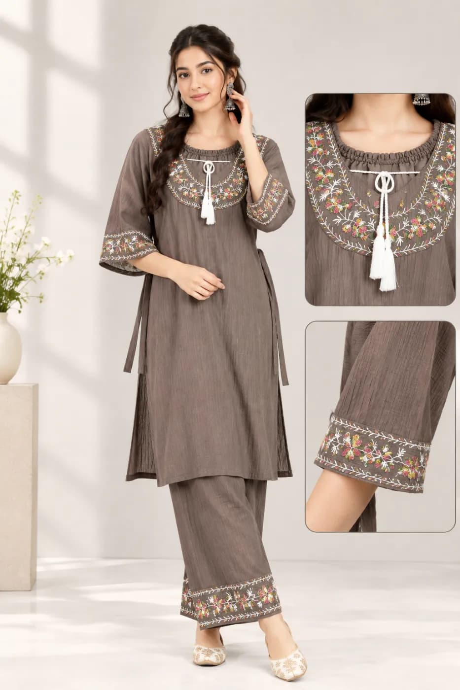 Premium Brown Embroidered 2 Piece Dress for Women — back view