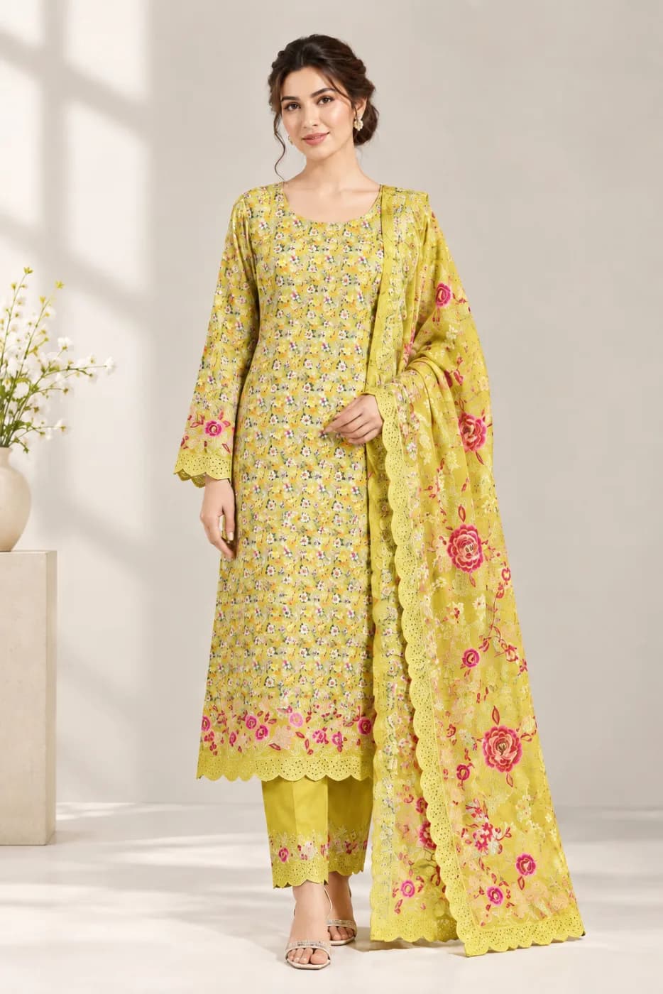 Premium Floral Printed 3-Piece Salwar Kameez – Yellow — Savageon Bangladesh