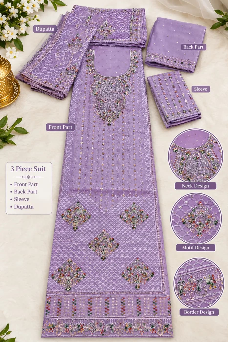 Premium Lavender Embroidered 3 Piece Dress for Women — back view