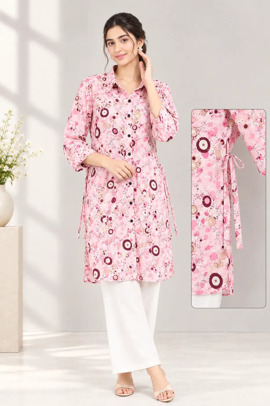 Premium Pink Printed Long Shirt for Women — back view