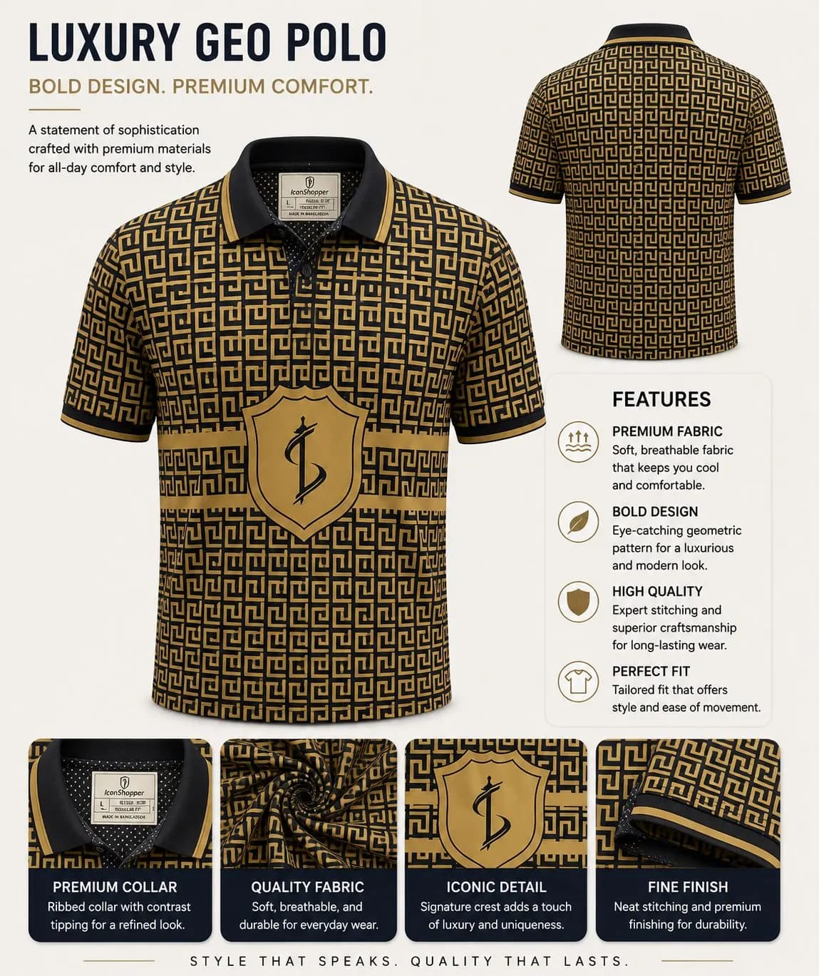 Black & Gold Geometric Print Polo Shirt — Savageon Bangladesh