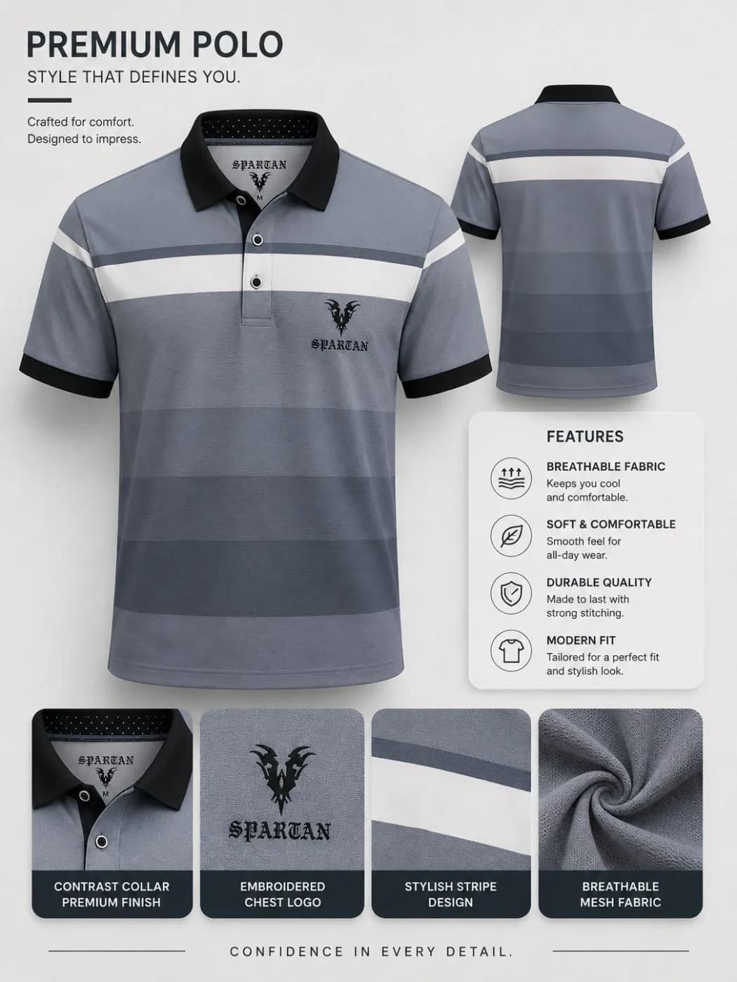 Ash Striped Polo Shirt for Men – Smart Casual Half Sleeve — Savageon Bangladesh