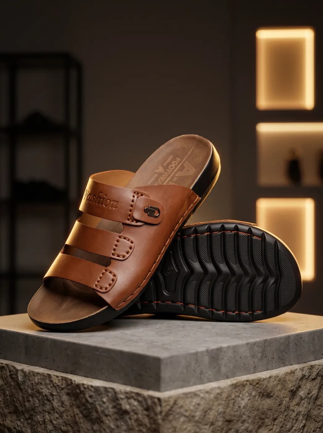 Men's Premium Brown Faux Leather Slide Sandals — Casual Non-Slip Beach Slippers — Savageon Bangladesh