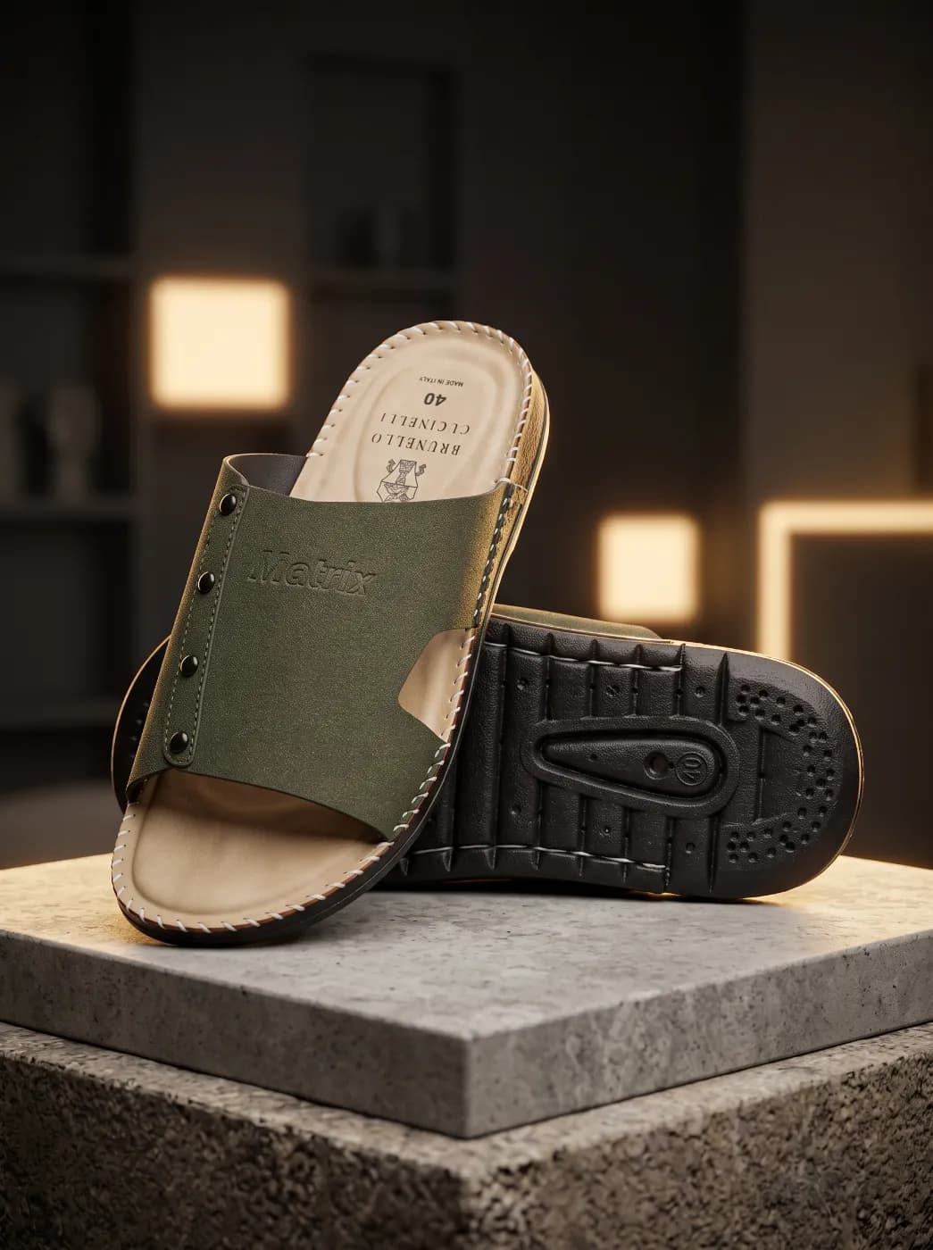 Brunello Cucinelli x Matrix Men's Genuine Leather Comfort Slides (Olive Green / Beige) — Savageon Bangladesh