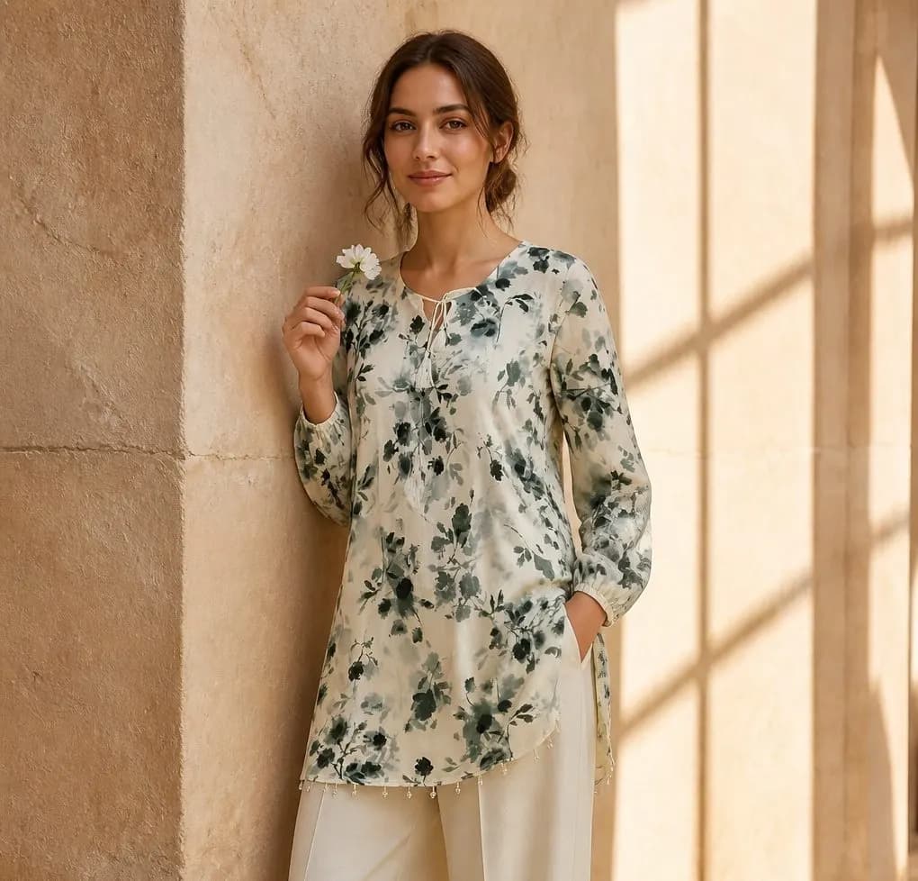 Premium Cotton Printed Women's Long Top | Casual & Elegant Wear — back view