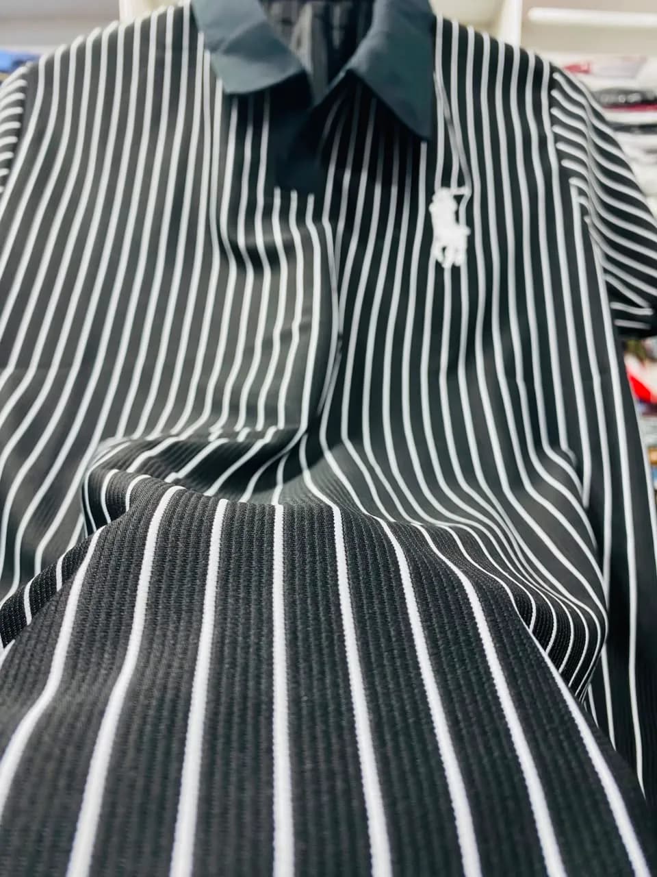 Premium Black Pinstripe Old Money Polo Shirt।ADISOM Men — side view
