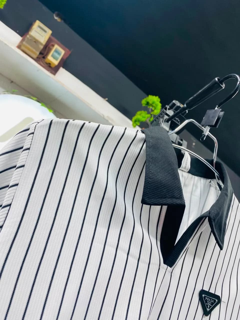 Premium White Pinstripe Luxury Old Money Polo Shirt।ADISOM Men — detail shot