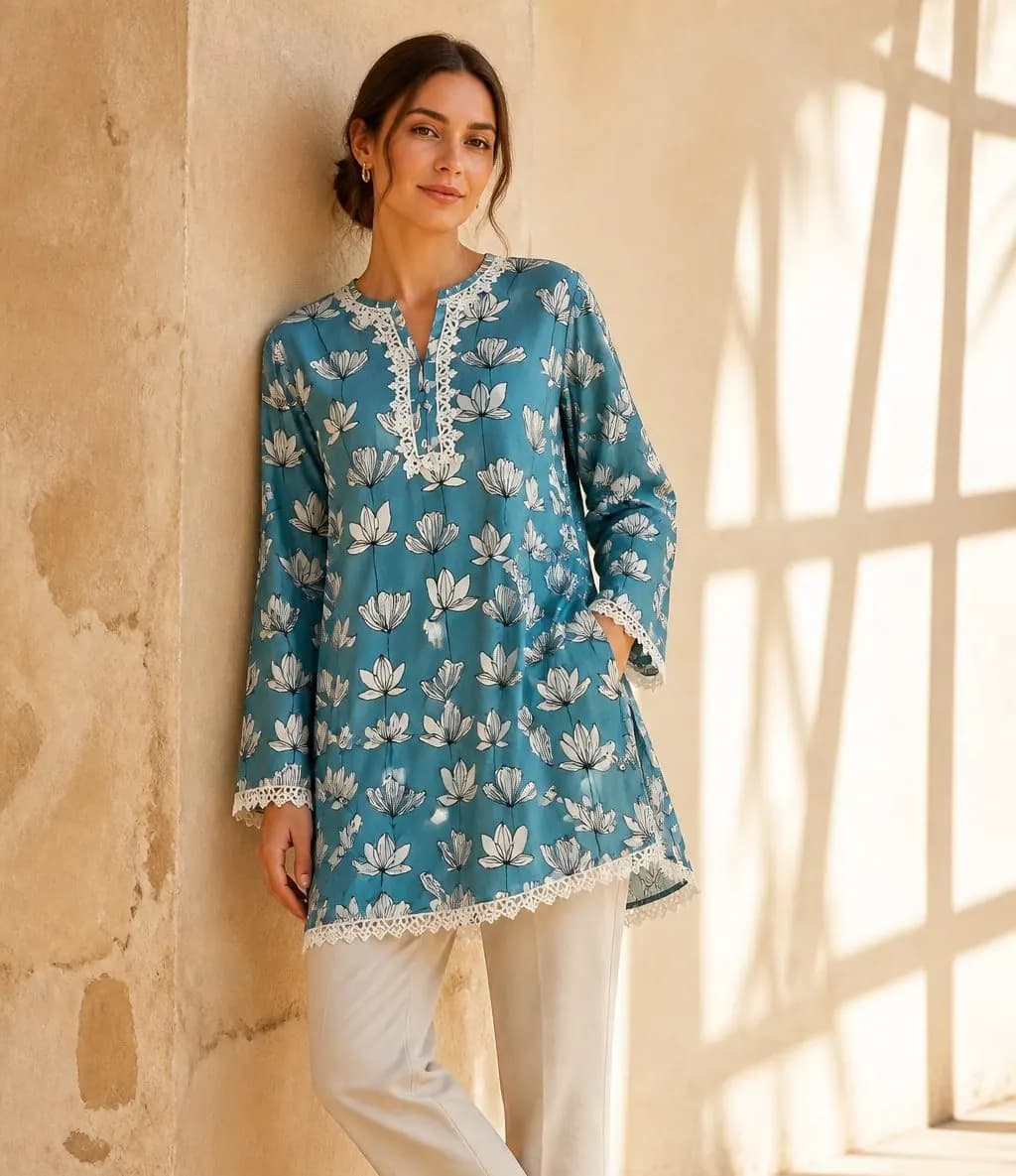 Premium Cotton Printed Women's Long Top | Casual & Elegant Wear — detail shot
