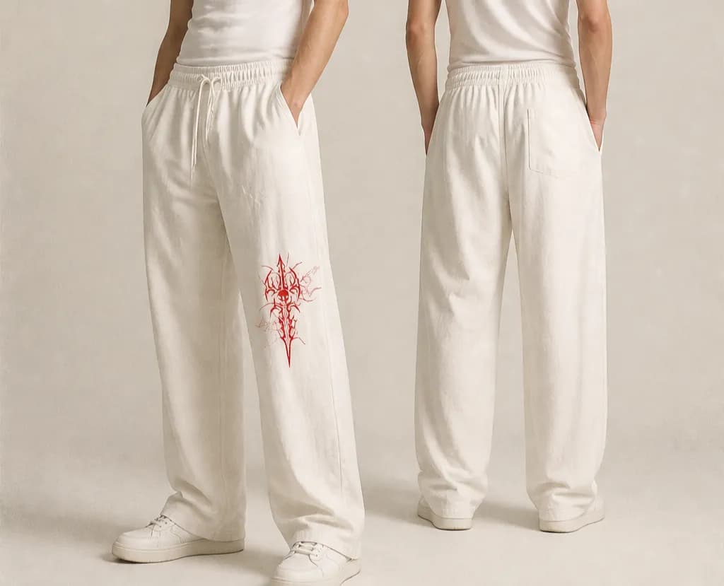 Printed White Baggy Trouser for Men | Korean Style Loose Fit Printed Pants | ADISOM — back view