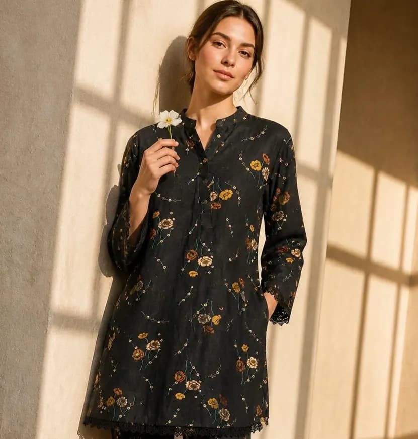 Premium Cotton Printed Women's Long Top | Casual & Elegant Wear — detail shot