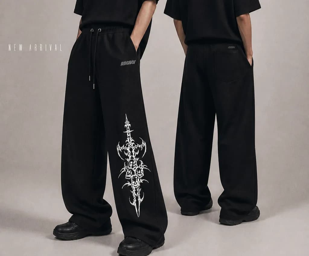 Men’s Black Printed Baggy Trouser | Korean Style Relaxed Fit Pants | ADISOM — back view