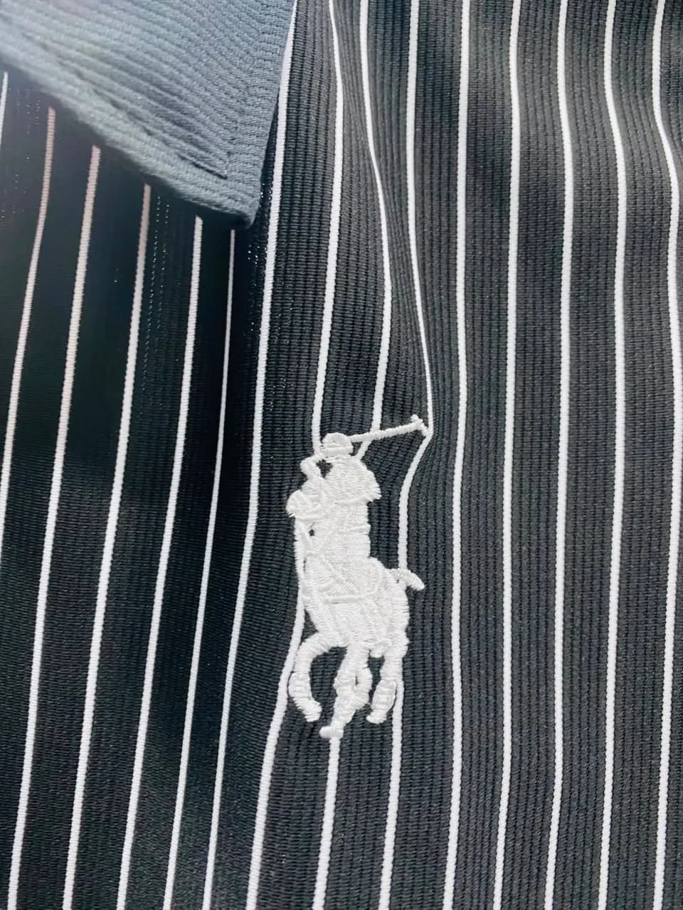 Premium Black Pinstripe Old Money Polo Shirt।ADISOM Men — back view