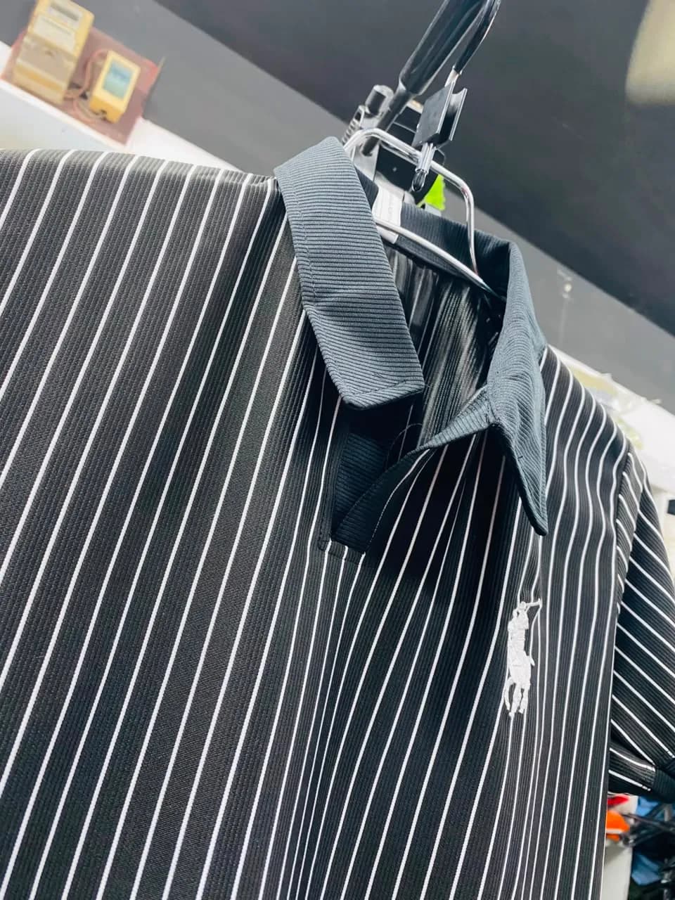 Premium Black Pinstripe Old Money Polo Shirt।ADISOM Men — detail shot