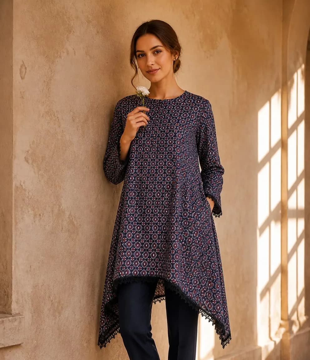 Premium Cotton Printed Women's Long Top | Casual & Elegant Wear — back view
