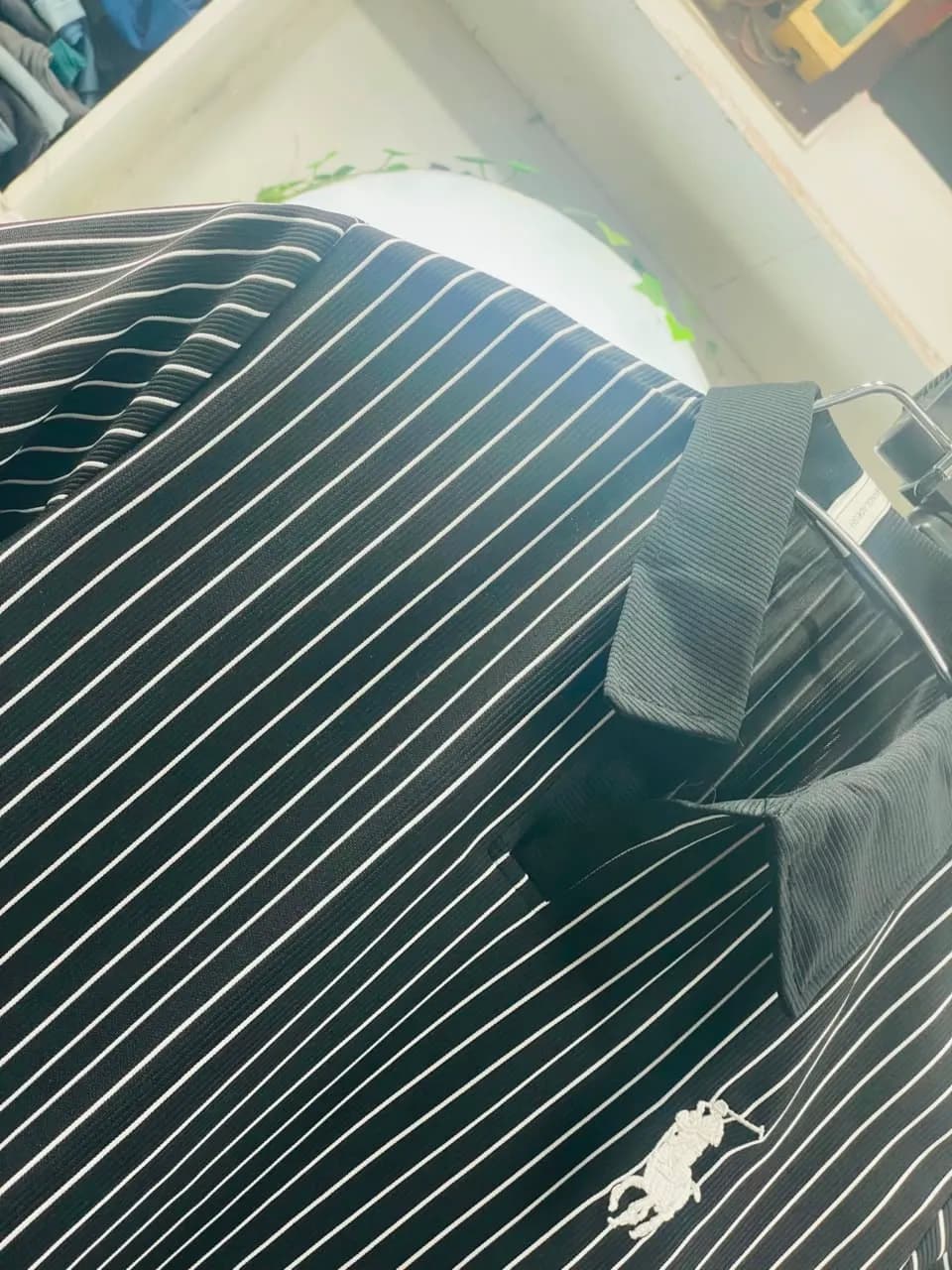 Premium Black Pinstripe Old Money Polo Shirt।ADISOM Men — fabric close-up
