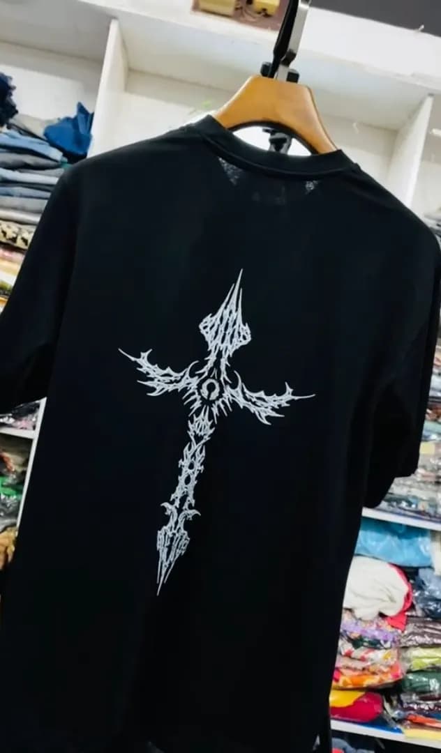 Dark Cross Gothic  Drop Shoulder T-Shirt | Black Edition Men — fabric close-up