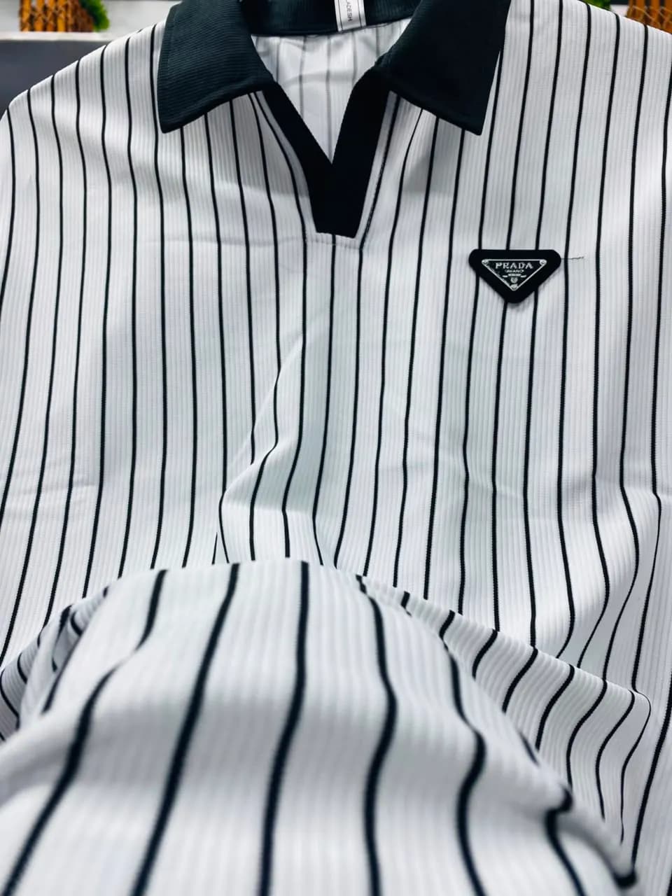 Premium White Pinstripe Luxury Old Money Polo Shirt।ADISOM Men — side view