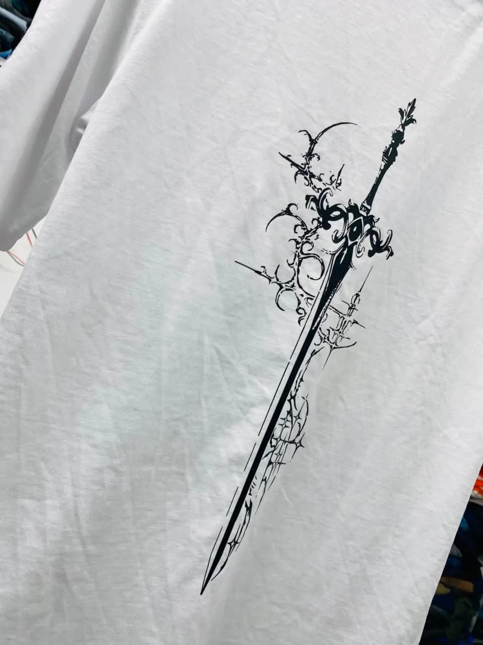 Angel Sword Graphic Premium  Drop Shoulder T-Shirt | White Men — fabric close-up