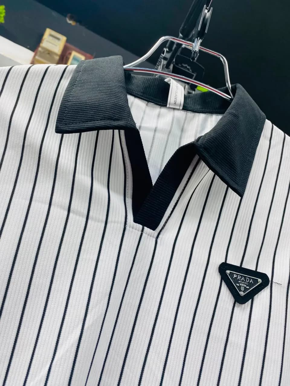 Premium White Pinstripe Luxury Old Money Polo Shirt।ADISOM Men — fabric close-up