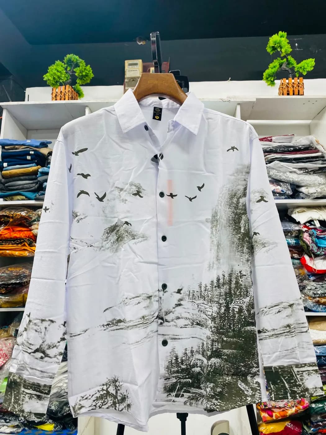 Artistic Nature Print Shirt | Premium China Fabric Men — fabric close-up