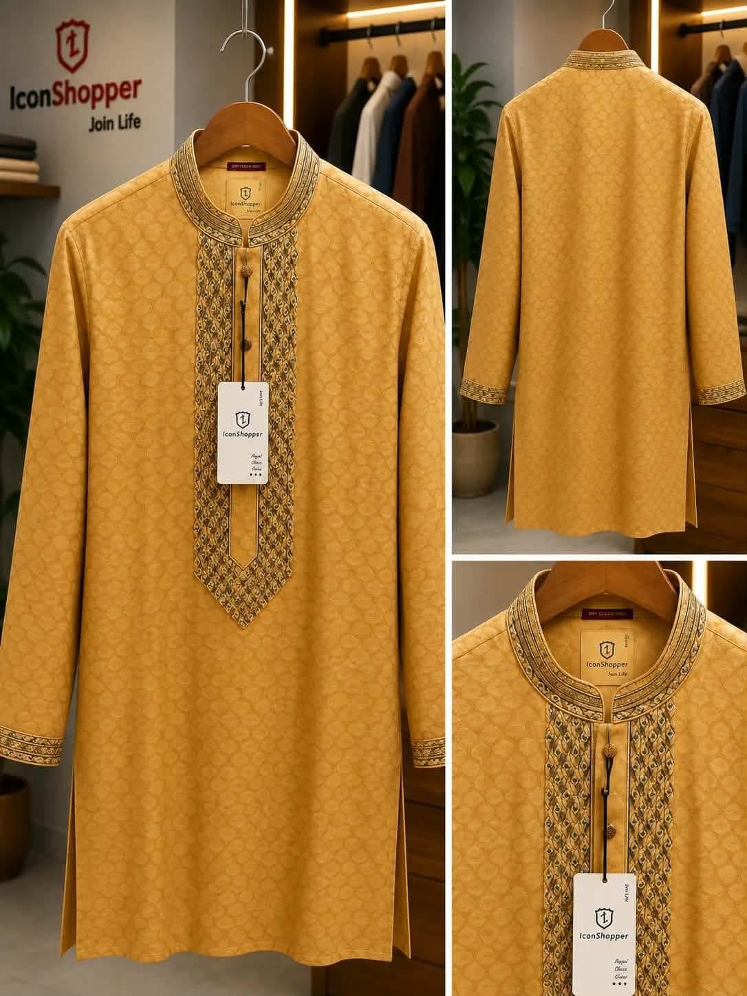 Men's Mustard Yellow Embroidered Panjabi