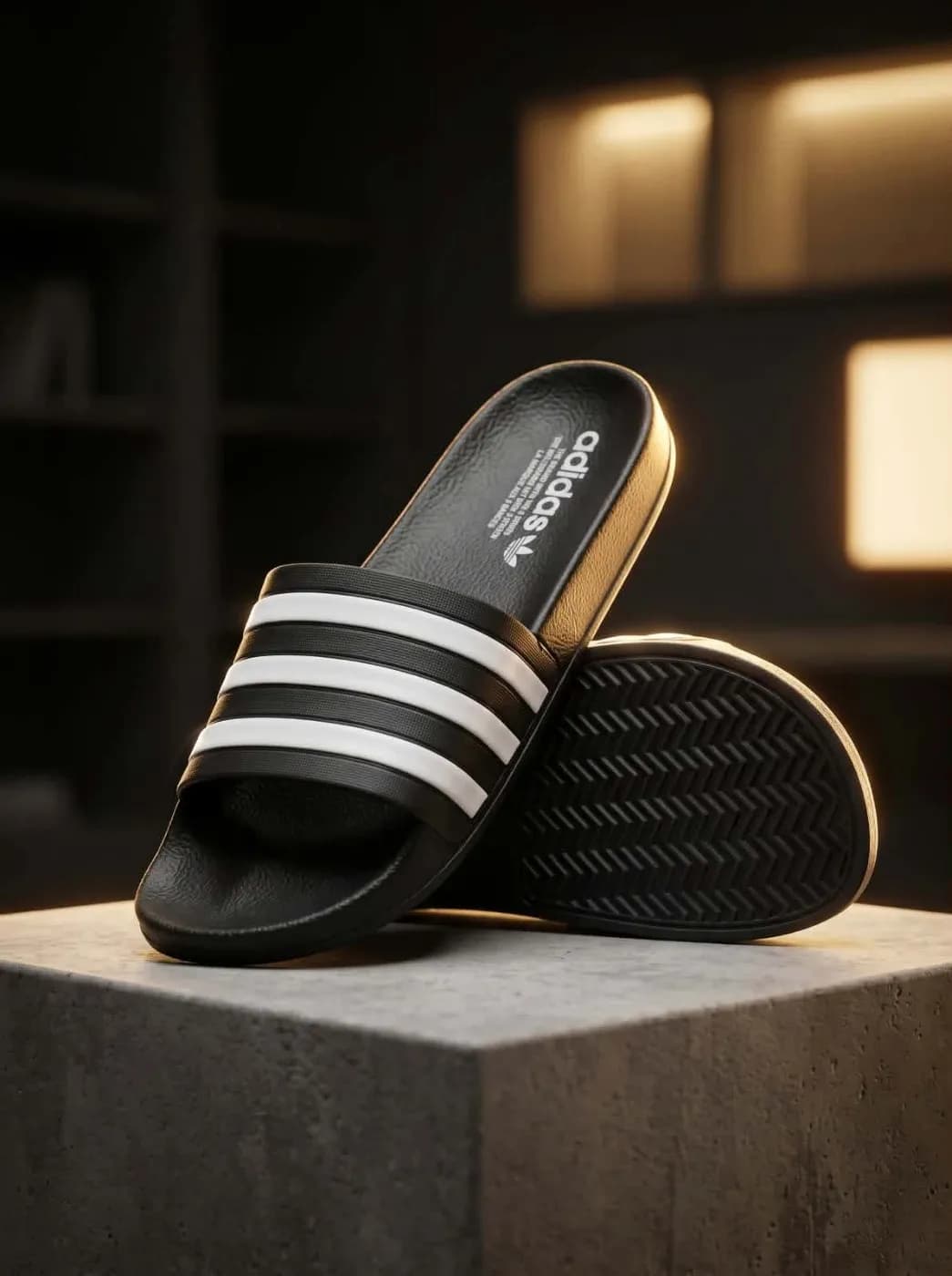 White & Black Three-Stripe Casual Slide Sandals