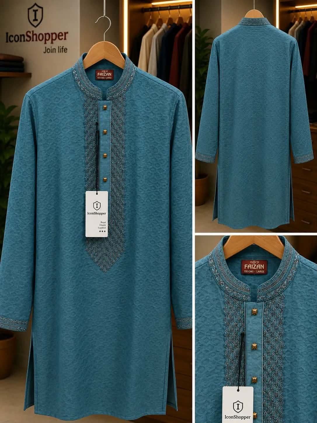 Men's Premium Blue Embroidered Panjabi — Savageon Bangladesh