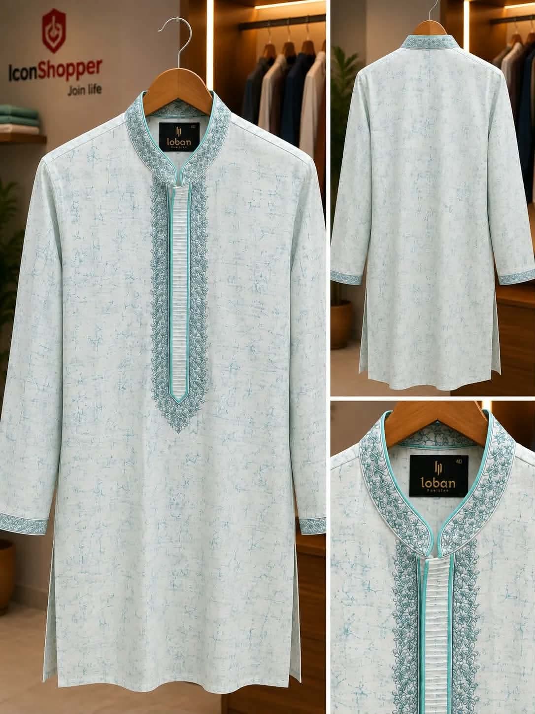White Mint Embroidered Panjabi — Savageon Bangladesh