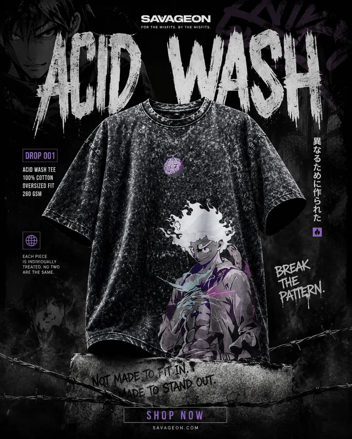 Acid Wash Anime Drop Shoulder — Black Luffy by Savage Store — buy online in Bangladesh Acid Wash Anime Drop Shoulder — Black Luffy Men — Savage Store Bangladesh